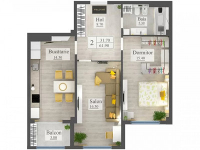 Vanzare apartament in varianta albă , 2 camere și living , Artima !