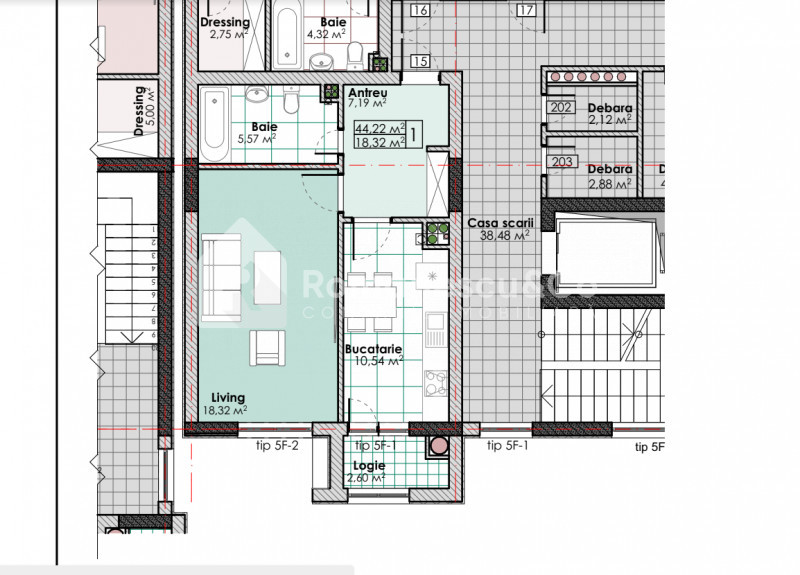 Продается 1-комнатная квартира, 44,2 кв.м., белый вариант, Буюканы. 2